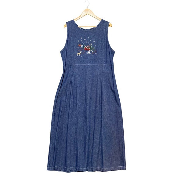 Woolrich Dresses & Skirts - Vintage Woolrich Womens L Denim Dress Embroidered Winter Scene Sleeveless Belted